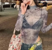 치어리더 우수한 가슴골 시스루 하이레그 바디슈트속 블랙 브라