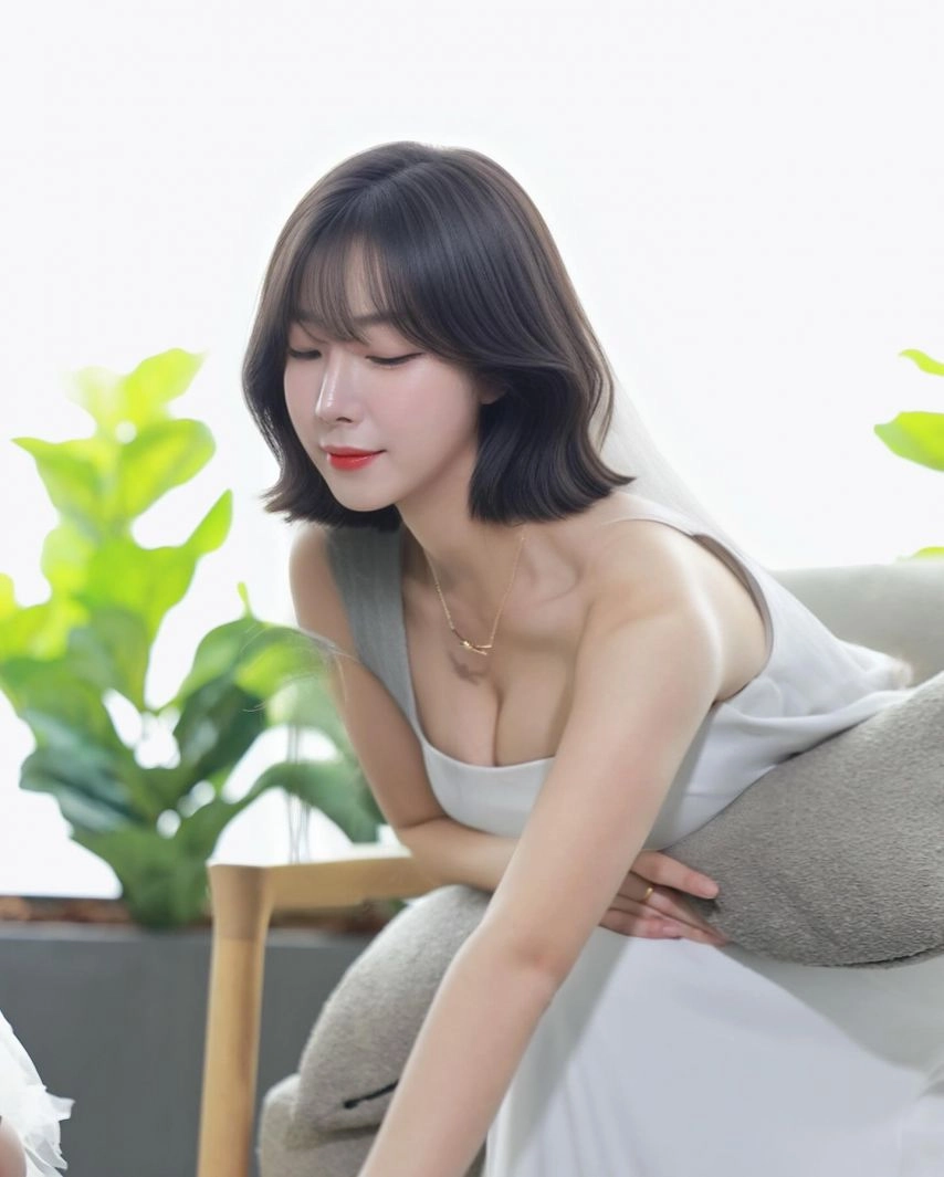 치어리더 안지현 가슴골 살짝 숙인  화이트 드레스