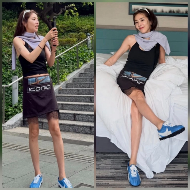 손담비, 비눗방울 사과 17일 만에…이번엔 운동화 신고 호텔 침대
